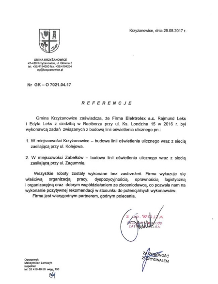 Gm Krzyżanowice budowa linii oświetlenia ulicznego-z siecią zasilającą