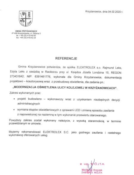 Gm Krzyżanowice projekt budowlany oraz wymiana słupów oświetleniowych